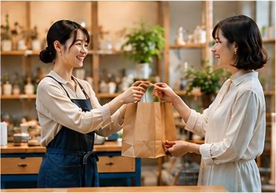 店舗で商品を手渡す様子